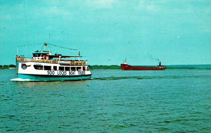 Soo Locks Boat Tours - Old Postcard (newer photo)
